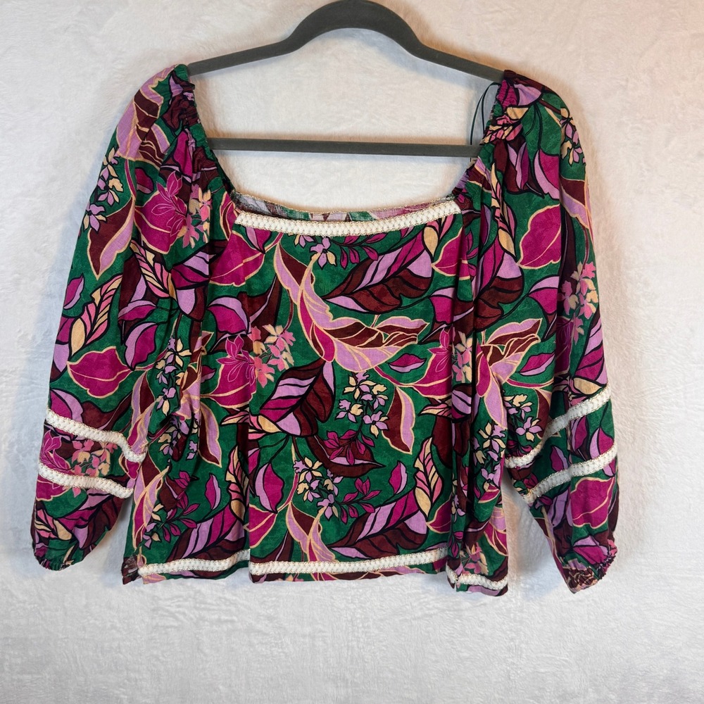Cynthia Rowley Blouse‎ 100% Linen Floral Boho XL Green Pink Womens